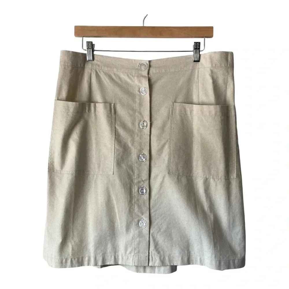 ODDY Button Front Cotton Linen Elastic Wasit Pockets Casual Skirt Size‎ 2XL